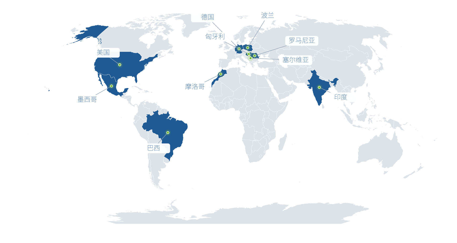 世界地图，高亮显示美国、墨西哥、匈牙利、摩洛哥、德国、巴西、印度、塞尔维亚