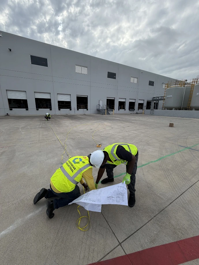 The Overseas Industrial team verifies construction drawings and measurements at the Fort Worth project site.